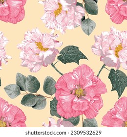 Seamless pattern floral with cotton rose flowers abatract background.Vector illustration hand drawn.For fabric fashion print design or product packaging.