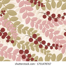 Seamless pattern with a floral pattern of curly leaves and berries on a light background. For printing on fabric or paper.