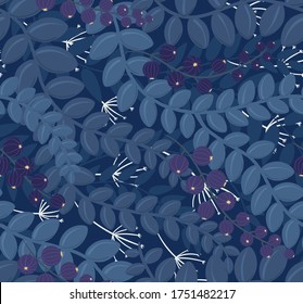 Seamless pattern with a floral pattern of curly leaves and berries on a dark background. For printing on fabric or paper.