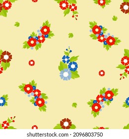 Seamless pattern. Floral pattern from decorative Red and blue flowers on light yellow background. Vector illustration. For decor, design, wallpaper, packaging and textiles