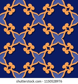 Seamless pattern. Floral deep blue and orange 3d background. Vector illustration