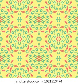 Seamless pattern with floral design. Bright yellow background with pink and green flower elements for wallpapers, textile and fabrics