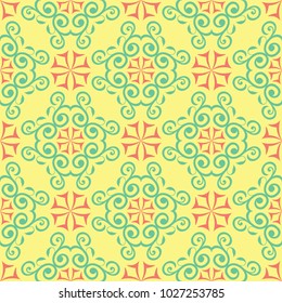 Seamless pattern with floral design. Bright yellow background with pink and green flower elements for wallpapers, textile and fabrics