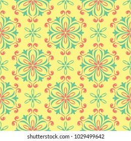 Seamless pattern with floral design. Bright yellow background with pink and green flower elements for wallpapers, textile and fabrics