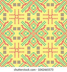 Seamless pattern with floral design. Bright yellow background with pink and green flower elements for wallpapers, textile and fabrics