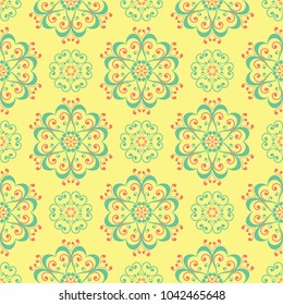 Seamless pattern with floral design. Bright yellow background with pink and green flower elements for wallpapers, textile and fabrics