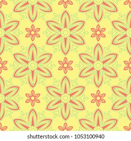 Seamless pattern with floral design. Bright yellow background with pink and green flower elements for wallpapers, textile and fabrics