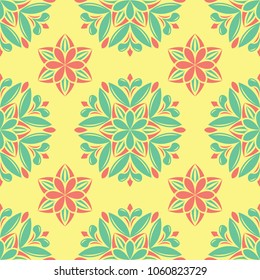 Seamless pattern with floral design. Bright yellow background with pink and green flower elements for wallpapers, textile and fabrics