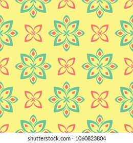 Seamless pattern with floral design. Bright yellow background with pink and green flower elements for wallpapers, textile and fabrics