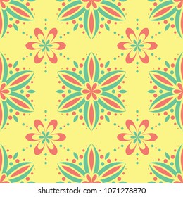 Seamless pattern with floral design. Bright yellow background with pink and green flower elements for wallpapers, textile and fabrics