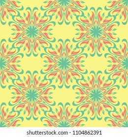 Seamless pattern with floral design. Bright yellow background with pink and green flower elements for wallpapers, textile and fabrics