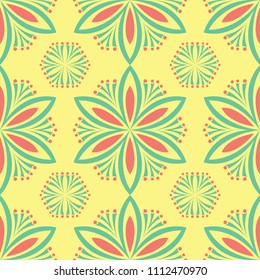 Seamless pattern with floral design. Bright yellow background with pink and green flower elements for wallpapers, textile and fabrics