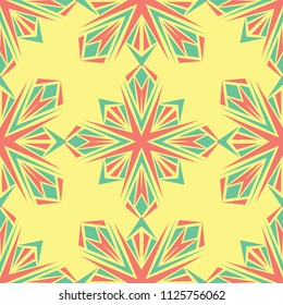 Seamless pattern with floral design. Bright yellow background with pink and green flower elements for wallpapers, textile and fabrics