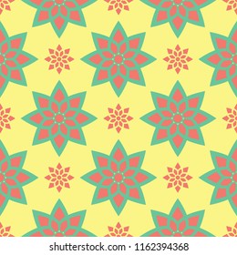 Seamless pattern with floral design. Bright yellow background with pink and green flower elements for wallpapers, textile and fabrics
