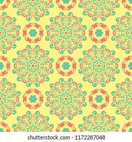 Seamless pattern with floral design. Bright yellow background with pink and green flower elements for wallpapers, textile and fabrics