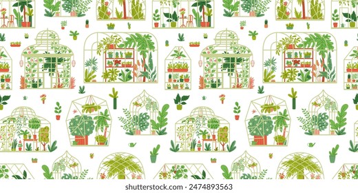 Seamless pattern floral design. Various shapes of greenhouses, orangery with trees, flowers and potted plants. Home gardening, urban jungle vector flat illustration. Gardening conservatory background