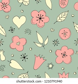 Seamless pattern with floral doodle. Flowers and leaves. Vector illustration