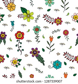 Seamless pattern with floral doodles. Endless texture with romantic floral elements for festive design, decoration, greeting cards, invitations