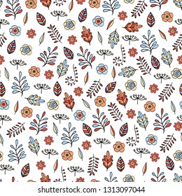 Seamless pattern with floral doodles. Endless texture with romantic floral elements for festive design