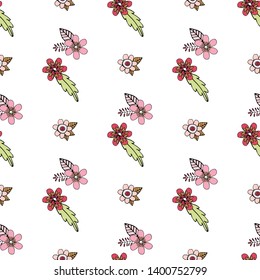 Seamless pattern with floral doodles. Endless texture with romantic floral elements on white background