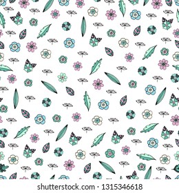 Seamless pattern with floral doodles. Festive endless texture with romantic floral elements