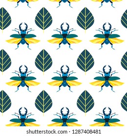 Seamless pattern with floral element and insects. Vector illustration of a common stag beetle on a white background that can be used for wrapping, wallpaper, fabric and interior decor.
