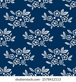 Seamless pattern of floral element. White flowers on dark blue background. Bouquets of flowers and leaves in country style. Romantic graceful floral vector ornament. Vintage delicate embroidery