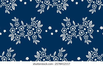 Seamless pattern of floral element. White flowers on dark blue background. Bouquets of flowers and leaves in vintage style. Ancient elegance embroidery. Romantic graceful floral vector ornament