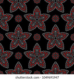 Seamless pattern with floral elements. Black red white background for wallpapers, textile and fabrics