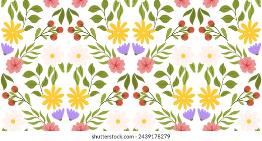 Seamless pattern with floral elements. Botanical inspired repeated design with white, yellow and lilac flowers, pink sakura flower, branch with red berries and different leaves. 