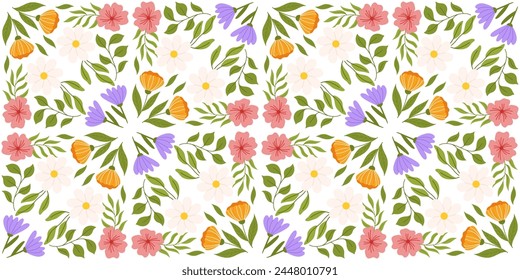 Seamless pattern with floral elements. Botanical inspired repeated design with lilac, orange and white flowers, pink cherry blossom, different leaves. 