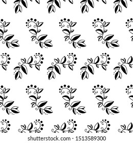 Seamless pattern with floral elements. Branch, plant, fower. Botanical endless organic background. Black on white, minimalism. Monochrome. Vector illustration