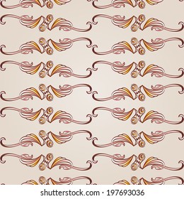 Seamless pattern with floral elements in brown, pastel rose pink and yellow shades 