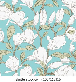 Seamless pattern floral elements. Bundle of Linear sketch of Magnolia Flowers. Collection of Hand drawn style black and white line illustrations on a white background. Vector illustration
