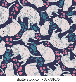 Seamless pattern with floral elements and cartoon cats. Cute vector illustration