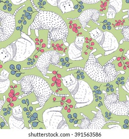 Seamless pattern with floral elements and cartoon cats. Cute vector illustration