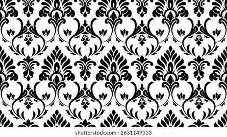 Seamless pattern with floral elements, Damask Seamless Vector Pattern, Hand drawing tile pattern, Black seamless floral Pattern Illustration on white Background	