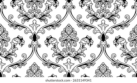 Seamless pattern with floral elements, Damask Seamless Vector Pattern, Hand drawing tile pattern, Black seamless floral Pattern Illustration on white Background	