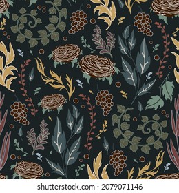 Seamless pattern with floral elements. Decorative wallpaper in vintage gothic style. Vector illustration