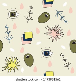 Seamless pattern with floral elements, eyes, olives and geometric shapes. It can be used on fabric, covers, cards or as a wallpaper and wrapping paper.