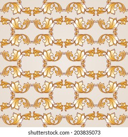 Seamless pattern with floral elements in gold shades on pastel rose pink background