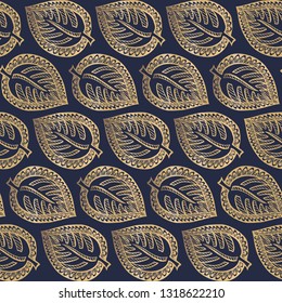 Seamless pattern with floral elements. Graphic ornament. Vector repeating texture with stylized gold leaves.