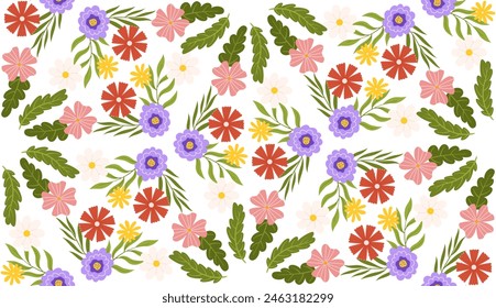 Seamless pattern with floral elements. Kaleidoscope effect Botanical inspired repeated design with green leaves and sort of different flowers - lilac, pink, red, yellow