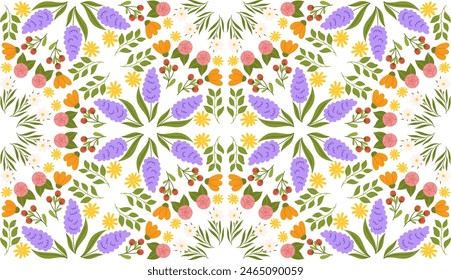 Seamless pattern with floral elements. Kaleidoscope effect Botanical inspired repeated design with different color flowers, red berries and leaves