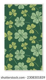 Seamless pattern with floral elements. Repeating design element for printing on fabric. Green plants and branches. Symboil of traditional Irish holiday, shamrocks. Cartoon flat vector illustration