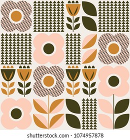 Seamless Pattern With Floral Elements In Retro Scandinavian Style