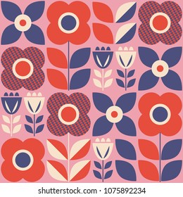 Seamless Pattern With Floral Elements In Retro Scandinavian Style