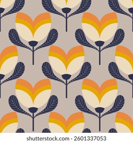 seamless pattern with floral elements in retro scandinavian style.	