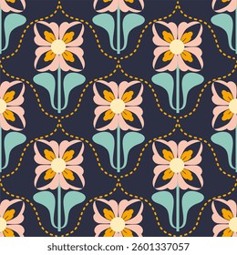 seamless pattern with floral elements in retro scandinavian style.	