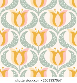 seamless pattern with floral elements in retro scandinavian style.	